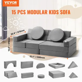 Play Couch, 15pcs Modular Kids Nugget Couch, Toddler Foam Sofa Couch with High-density 25D Sponge for Playing, Creativing,