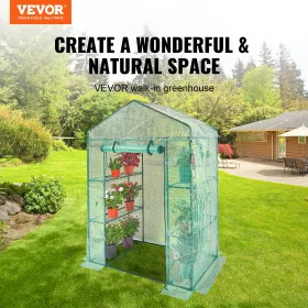 Walk-in Green House, 4.6 x 2.4 x 6.7 ft Greenhouse with Shelves, Set Up in Minutes, High Strength PE Cover with Doors & Windows 