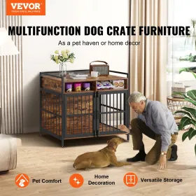 Furniture Style Dog Crate with Storage, 41 inch Dog Crate Furniture Large Breed with Double Doors, Wooden Dog Cage for