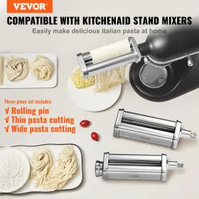 Pasta -tilknytning til KitchenAid Stand Mixer, rustfrit stål Pasta Roller Cutter -sæt inklusive pastaarkrulle, spaghetti