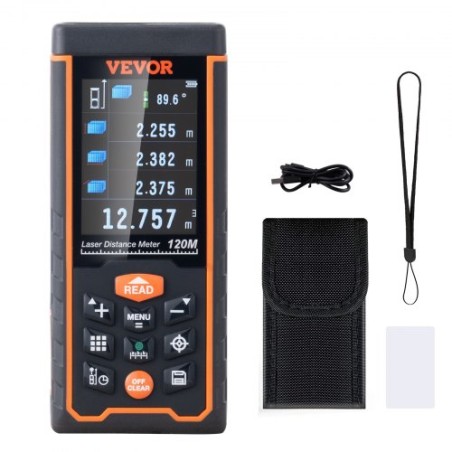 Laser Measure, 122 m, Â±1.6 mm Accuracy Laser Distance Measure with 100-Group Storage, ft/m/in/ft+in, 61 mm Colorlit LCD Screen