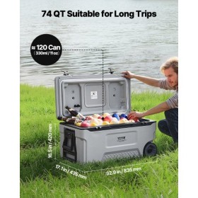 Portable Cooler 74 QT Wheeled Cooler 120 Can Capacity with Cup Holder