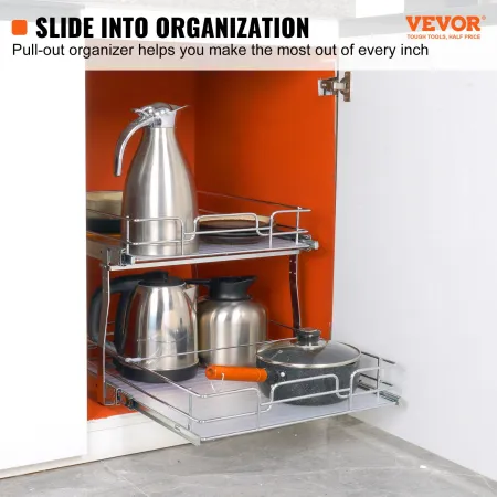 2 Tier 20"Wx21"Dx15"H Pull Out Cabinet Organizer, Heavy Duty Slide Out Pantry Shelves, Steel Roll Out Drawers, Sliding Drawer St