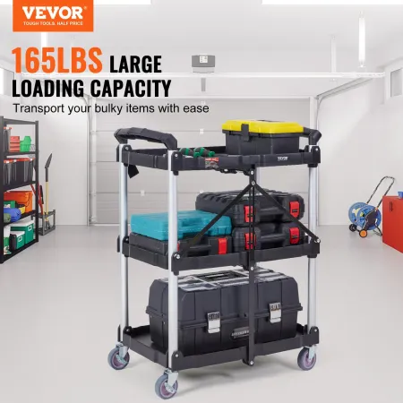 Foldable Utility Service Cart, 3 Shelf 74.8 kg Heavy Duty Plastic Rolling Cart with Lockable Wheels, Ergonomic Handle, Portable 