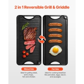 20x10 in Reversible Grill Griddle Pre-Seasoned BBQ Pan Cast Iron Black
