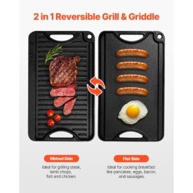 14x8.5 in Reversible Grill Griddle Pre-Seasoned BBQ Pan Cast Iron Black