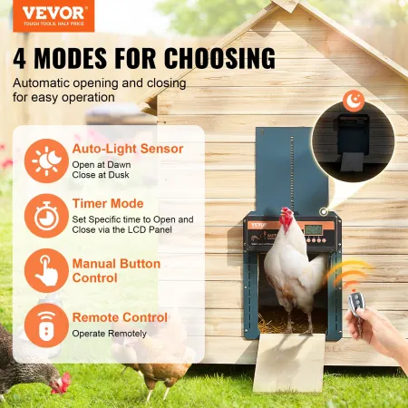 Automatic Chicken Coop Door, Auto Chicken Door Opener with Timer & Light Sensor Aluminum Chicken Coops Door with Remote Control 
