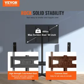 Mobile TV Stand, Mobile TV Cart for 23 to 60 inch TVs, Height Adjustable Portable TV Stand with Wheels, with A Tray for