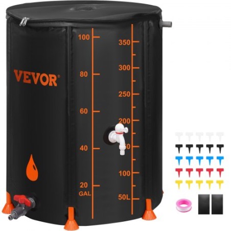 Collapsible Rain Barrel, 100 Gallon Large Capacity, PVC Rainwater Collection System Including Spigots and Overflow Kit,