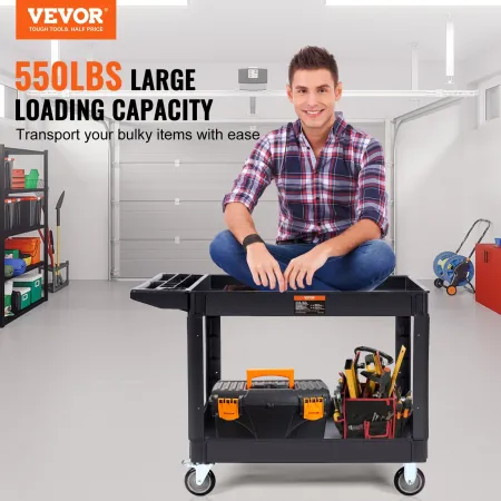 Utility Service Cart, 2 Shelf 249.5 kg Heavy Duty Plastic Rolling Utility Cart with 360° Swivel Wheels (2 with Brakes), Large Li
