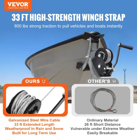 Hand Winch, 362.9 kg Pulling Capacity, Boat Trailer Winch Heavy Duty Rope Crank with 1005.8 cm Steel Wire Cable and Two-Way Ratc