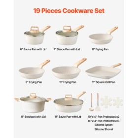 19 Piece Pots and Pans Set Granite Nonstick Kitchen Cookware White