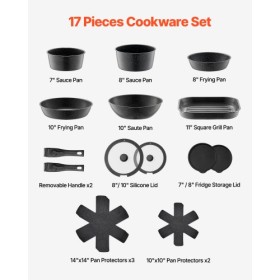 17 Piece Pots and Pans Set Granite Nonstick Kitchen Cookware Black