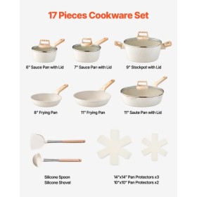 17 Piece Pots and Pans Set Granite Nonstick Kitchen Cookware White