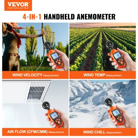 Håndholdt anemometer, 14°-113°, digital vindhastighedsmåler med