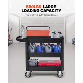 Utility Service Cart, 3 hylde 550 kg kraftig plastik rullende værktøjskurv med 360 ° drejelige hjul (2 med bremser), medium