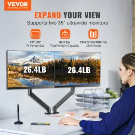 Dual Monitor Mount, Supports 33- 88.9 cm Screens, Fully Adjustable Gas Spring Monitor Arm, Holds up to 12 kg per Arm, Computer
