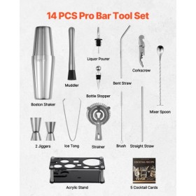 Cocktail Shaker Set 14 Pcs Bartender Kit Stainless Steel Bar Tools Silver