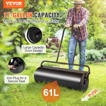 Lawn Roller, 17 Gallon Sand/Water Filled Yard Roller, Steel Sod Roller with Easy-turn Plug and U-Shaped Ergonomic Handle for Con