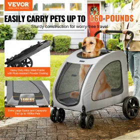 Pet Stroller, 4 Wheels Dog Stroller Rotate with Brakes, 72.6 kg Weight Capacity, Puppy Stroller with Breathable Mesh Windows