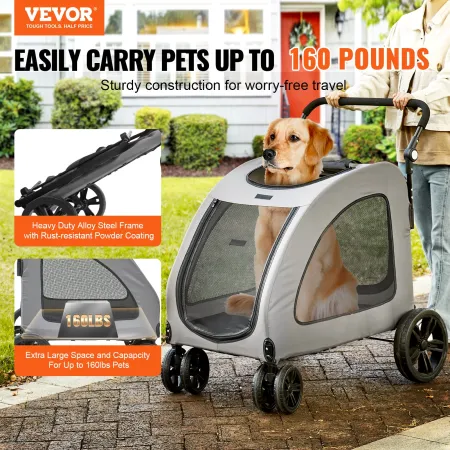 Pet Stroller, 4 Wheels Dog Stroller Rotate with Brakes, 72.6 kg Weight Capacity, Puppy Stroller with Breathable Mesh Windows and