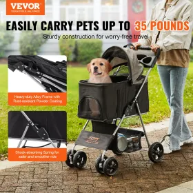 Pet Stroller, 4 Wheels Dog Stroller Rotate with Brakes, 35lbs Weight Capacity, Puppy Stroller with Detachable Carrier, Storage