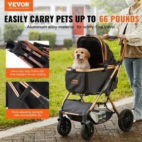 Pet Stroller, 4 Wheels Dog Stroller Rotate with Brakes, 29.9 kg Weight Capacity, Puppy Stroller with Detachable Carrier,