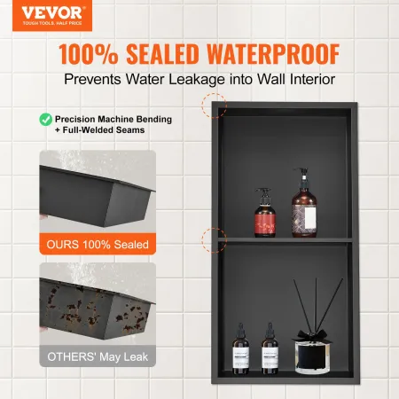 33.02 x 63.5 cm No Tile Shower Niche 304 Stainless Steel, Wall-Inserted Niche Recessed Double Shelves, Sealed Waterproof Rust-Re
