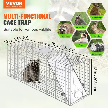 Live Animal Cage Trap, 79 x 25 x 30.5 cm Humane Cat Trap Galvanized Iron, Folding Animal Trap with Handle for Rabbits, Stray Cat