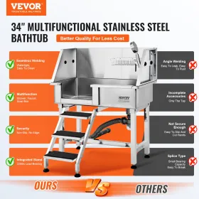 864 mm kæledyr hunde badestation m/ rampe, professionel rustfrit stål hundeplejebad m/ opbevaringsskuffe, vandhane, rig