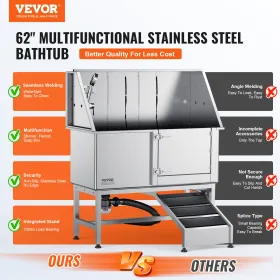 1,57m kæledyr hunde badestation m/ rampe, professionel rustfri stål hundeplejebad m/ sæbeboks, vandhane, rig tilbehør, badekar