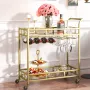 Bar Cart Gold, 2 Tiers Home Bar Serving Cart on Lockable Wheels, Rolling Alcohol Cart with Tempered Glass Shelves Guardrail Wine