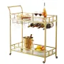 Bar Cart Gold, 2 Tiers Home Bar Serving Cart on Lockable Wheels, Rolling Alcohol Cart with Tempered Glass Shelves Guardrail Wine