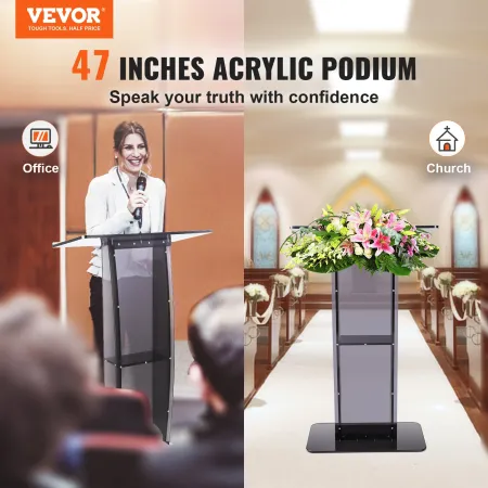 Acrylic Podium, 119 cm Tall, Acrylic Podium Stand with Wide Reading Surface & Storage Shelf, Floor-standing Clear Pulpits Acryli