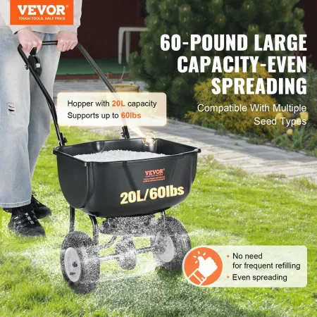 Spreder, 60 lb walk-behind græsspreder med 8" hjul