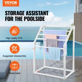 Pool Towel Rack, 5 Bar, White, Freestanding Outdoor PVC Trapedozal Poolside Storage Organizer, Include 8 Towel Clips, Mesh Bag,