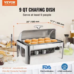 Rulle Top Chafing Dish Buffet Komplet sæt, 8 QT Rustfrit stål