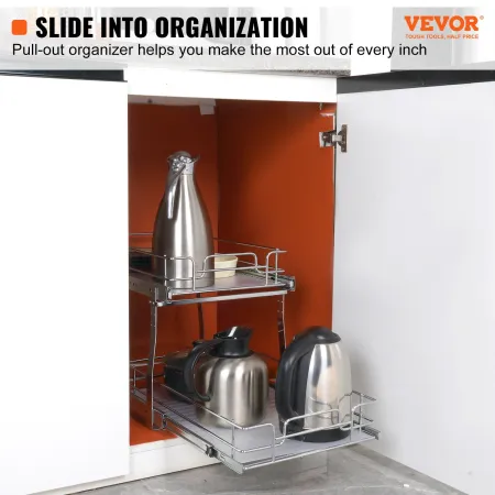 2 Tier 14"Wx21"Dx15"H Pull Out Cabinet Organizer, Heavy Duty Slide Out Pantry Shelves, Steel Roll Out Drawers, Sliding Drawer St