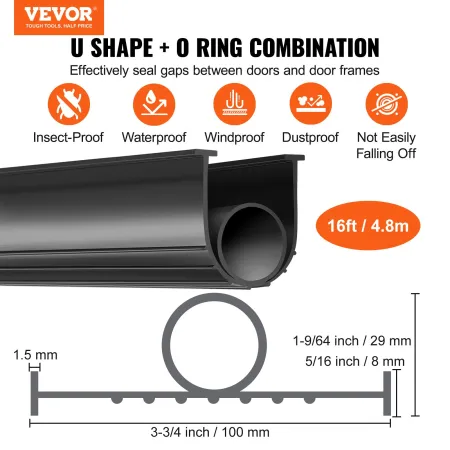 Garage Door Seals Bottom Rubber, U Shape +O Ring Combination Garage Door Bottom Weather Seal, 4.88 m Weatherproofing Garage Door