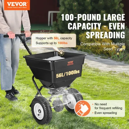 Spreder, 100 lb walk-behind græsspreder med 12" hjul