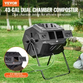 Compost Bin, 43-Gal Dual Chamber Composting Tumbler, Large Tumbling Rotating Composter with 2 Sliding Doors and Steel Frame,