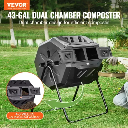Compost Bin, 162.8 L Dual Chamber Composting Tumbler, Large Tumbling Rotating Composter with 2 Sliding Doors and Steel Frame, BP