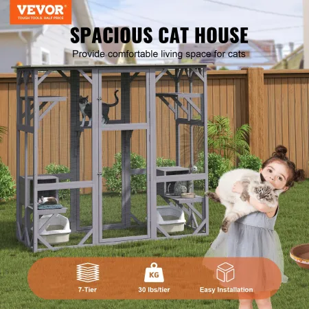 Cat House Outdoor, 7-Tier Large Catio, Cat Enclosure with 5 Platforms, 2 Resting Boxes & Large Front Door, 71.2 x 34.6 x 66.5