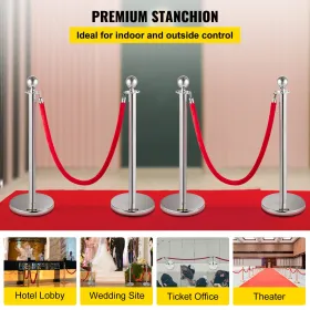 Retractable Silver Round Top Queue Control Barrier Posts Stands Security Stanchion Rope Divider with 1.5M Red Rope Crowd