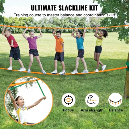 Slackline Kit with Training Line, 18.29 m Backyard Slack Line Equipment, Easy Setup Tight Rope for Kids Adults, Complete Slackli