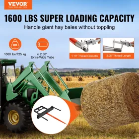 39 "Hay Spear, Bale Spears 1600lbs Loading Capacity, Skid Steer Loader Tractor Bucket Attachment med 2 stk 17,5" Stabilisator