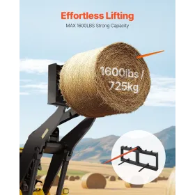 49" Hay Spear, Bale Spears 1600lbs Loading Capacity, Skid Steer Loader Tractor Attachment with 2pcs 17.5" Stabilizer Spears,