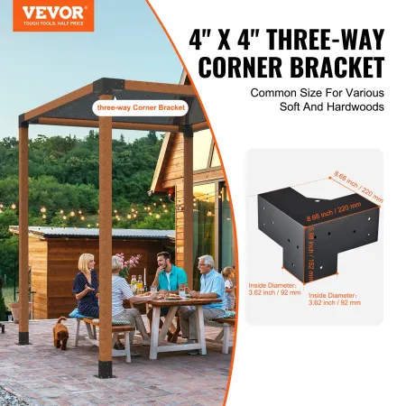 Pergola Bracket Kit 10.2 cm x 10.2 cm, Inner Size 9.1 cm x 9.1 cm 4pcs 3-Way Heavy Duty Corner Bracket Woodworks DIY Post Base K
