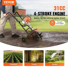 Tiller Cultivator Gas Powered, 38CC 4-Stroke Garden Cultivator, Tiller with 4 Steel Adjustable Front Tines for Lawn, Garden and 