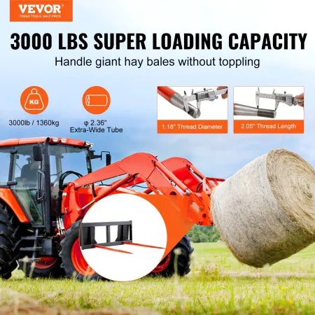 49 "Hay Spear, Bale Spears 3000lbs Loading Capacity, Skid Steer